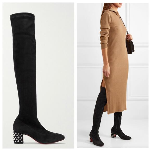 Christian Louboutin Veau Velours Spiked Study Stretch 55 Over The Knee Boots - Picture 1 of 16